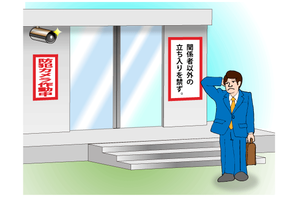 出入り口に警告、監視カメラ